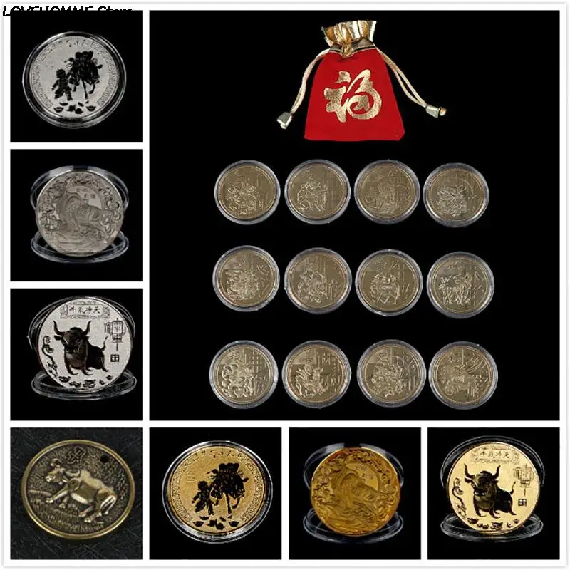 

1PC 2021 Year Of The Ox Commemorative Coin Chinese Zodiac Souvenir Coin Non-currency Coins For Home Decoration Collection Gift