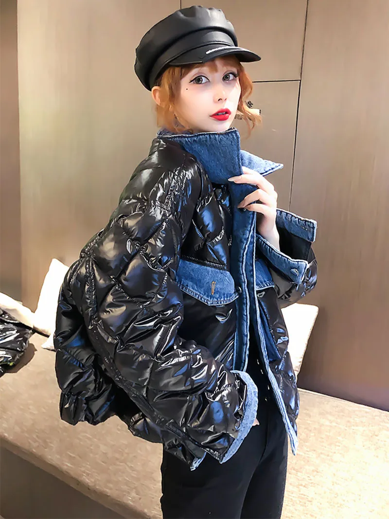 

2021 New Spring Autumn Down Cotton Coat Women Korean Denim Stitching Women's Cotton Jacket Coat Casual Female Loose Outwear