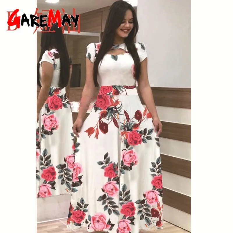 Весна лето 2020 женское модное платье макси с цветочным принтом коротким рукавом