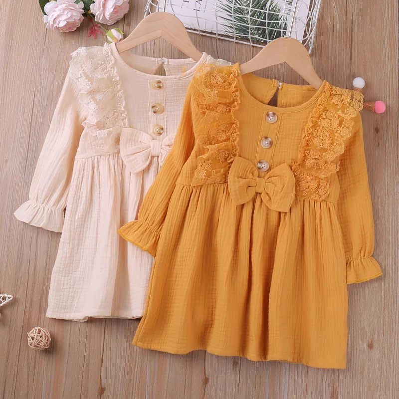 2022 Spring Cusual Dress Kids Dresses For Girls Soild Color Long Sleeve Lace Bow A-line Korean Version Children Clothing 1-6 Y