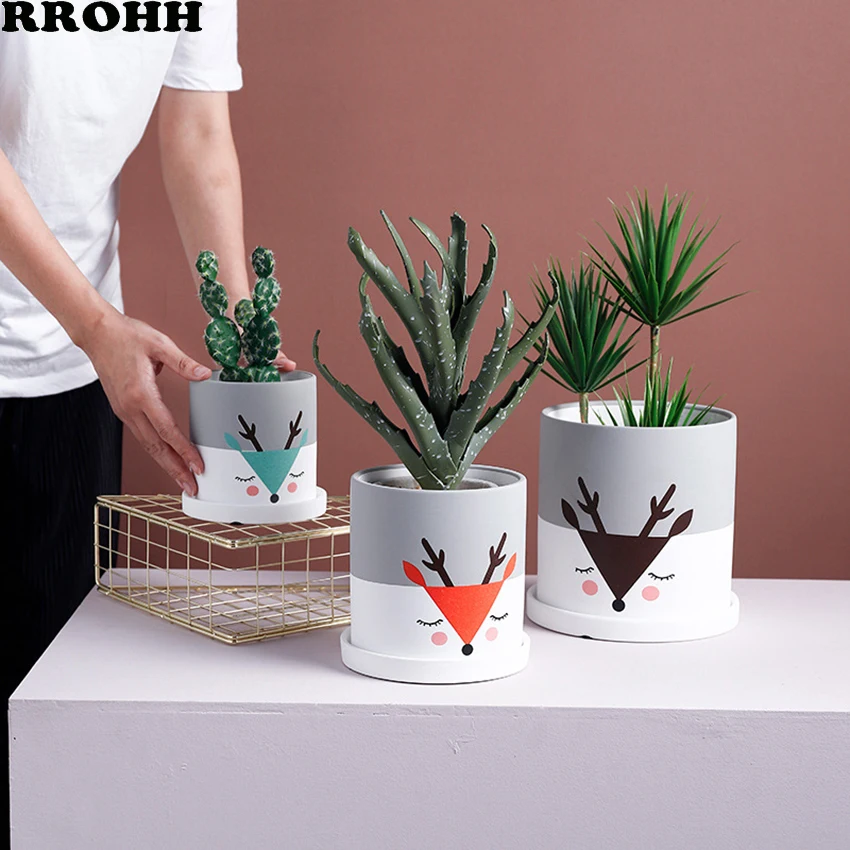 Домашние керамические цветочные горшки с милым оленем мясистые зеленые для