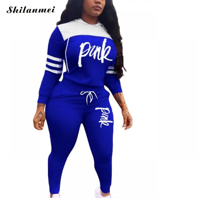

New Pink Letter Print Sportwear Casual Two Piece Tracksuit Women Camouflage Hoodies + Skinny Pants Suit Streetwear 2pcs Outfits