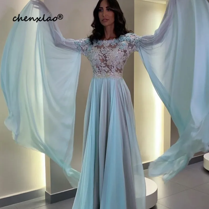 Новинка небесно-Голубые Вечерние платья длинное шифоновое платье-трапеция