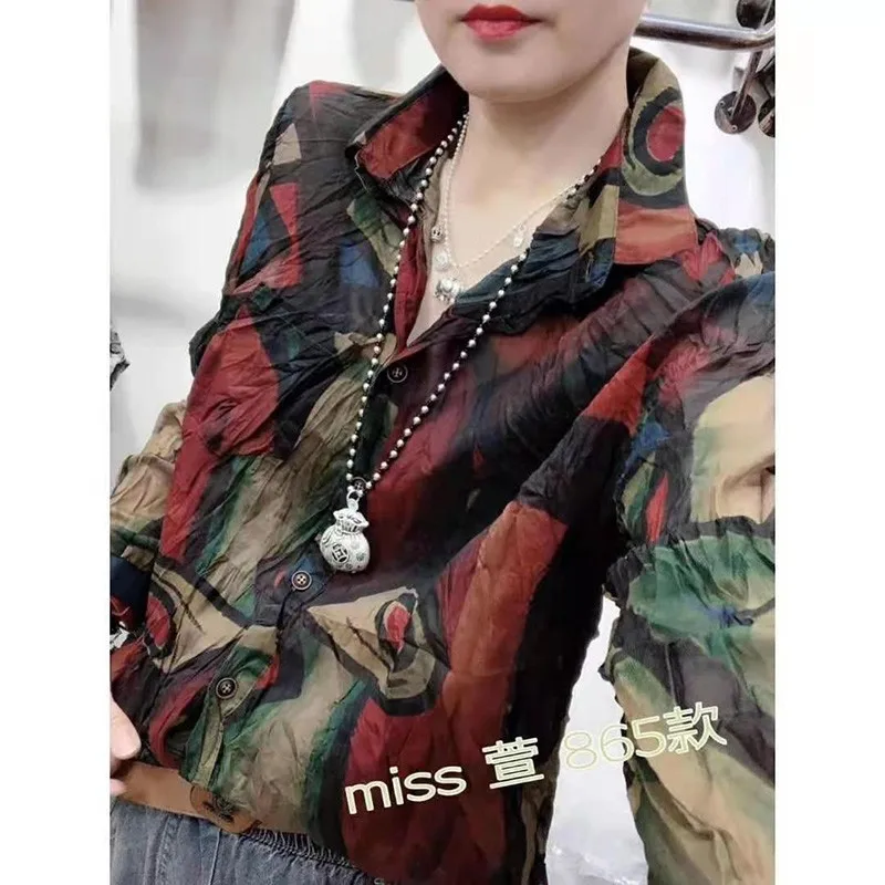 

2021 New Summer European Style Women Long Sleeve Vintga Print Blouse Loose Turn-down Collar Single Breasted Casual Shirts W185