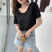real shooting korean solid color round neck with silver glittering film bling glittering short sleeve t shirt female