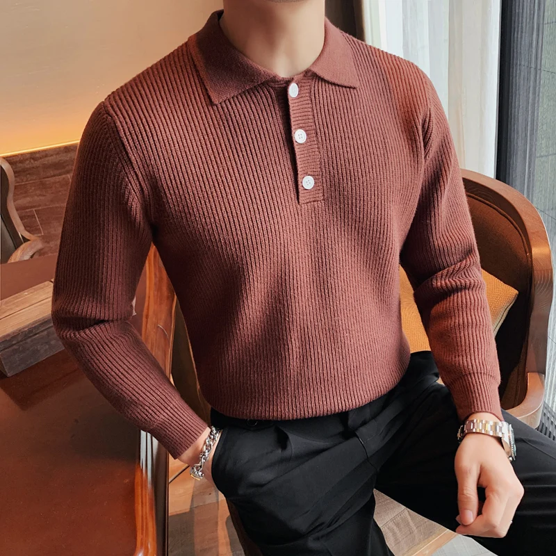 Autumn Winter Men s Sweater Solid Color Lapel Polo Knitted Pullovers Long Sleeve Warm Casual Business Social Knitwear Sweaters