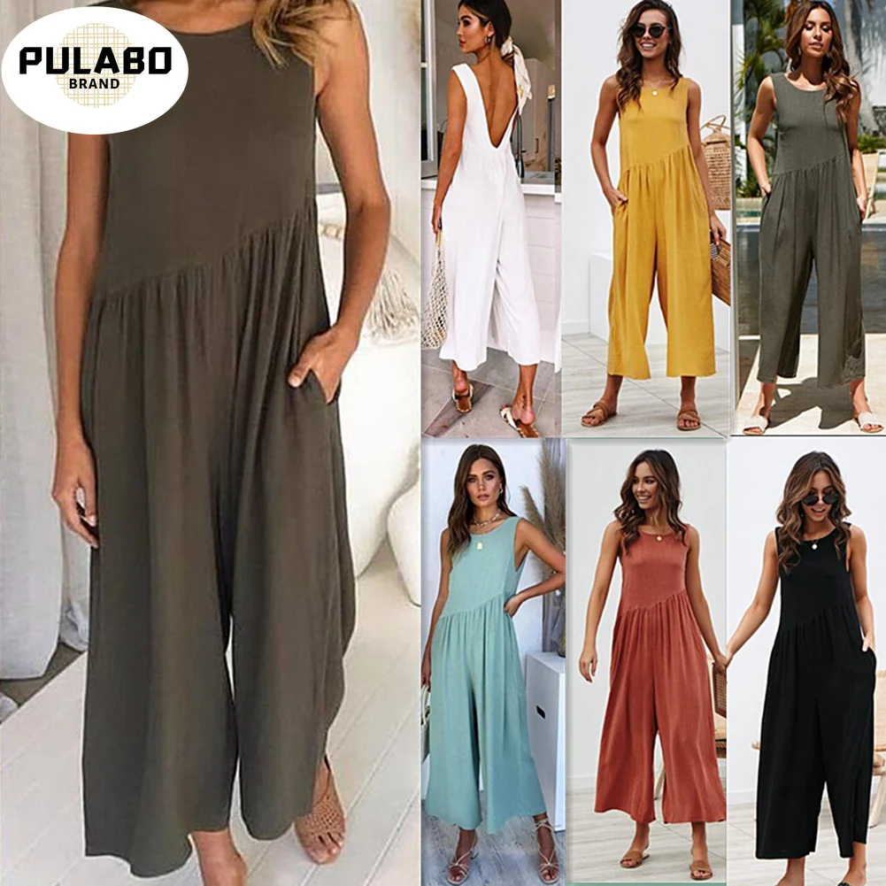 

Red Black Wide Leg Solid Jumpsuit Sexy Sleeveless Backless Women Jumpsuits Casual Loose Pocket Basic Ladies Romper Jumpsuit 2021