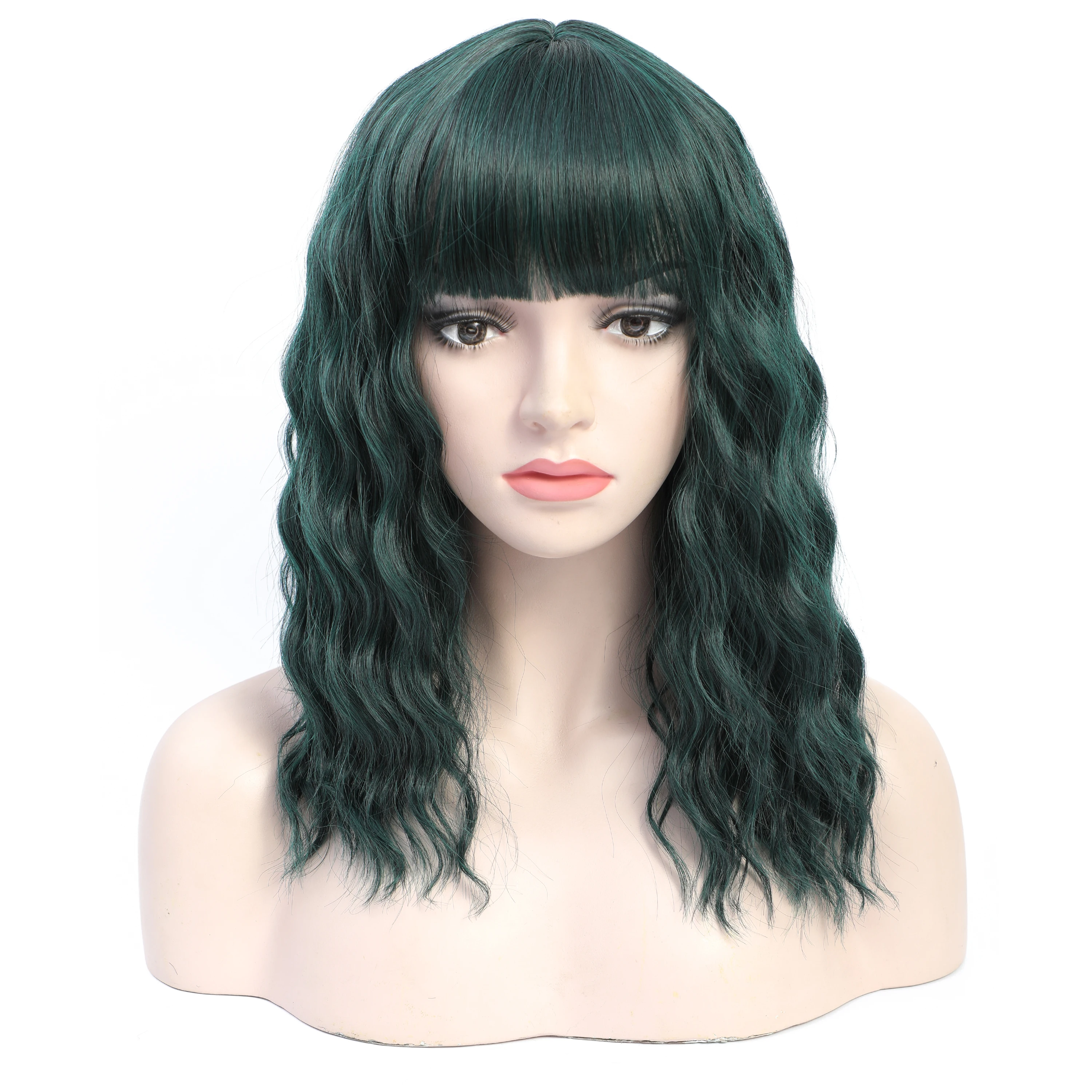 

LANYI 16Inches Long Wavy Wigs For Women Green Synthetic Wigs with Bangs For Femal Daily Use Cosplay Lolita Wigs Heat Resistant