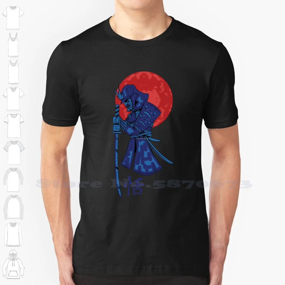 

Samurai Under Blood Moon Fashion Vintage Tshirt T Shirts Samurai Blood Moon Japanese Anime Manga Holding Sword Katana Blue
