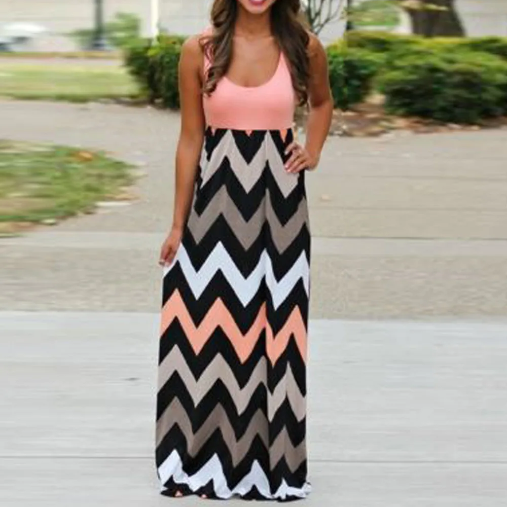 

2021 Summer Women Dress Striped Design Long Boho Dress Lady Sleeveless Beach Sundrss Maxi Dress Female Sexy Clothing#