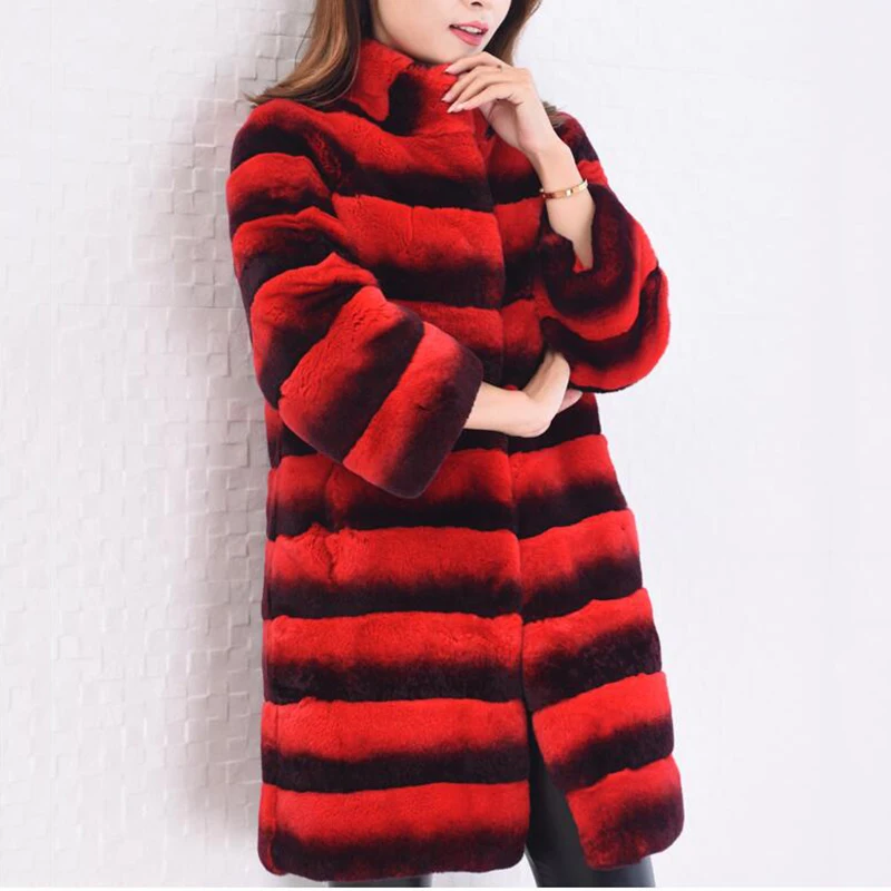 90cm Long Real Fur Coats Winter Fashion Women 2022 New Chinchilla Color Natural Rex Rabbit Fur Coat Stand Collar Fur Overcoats
