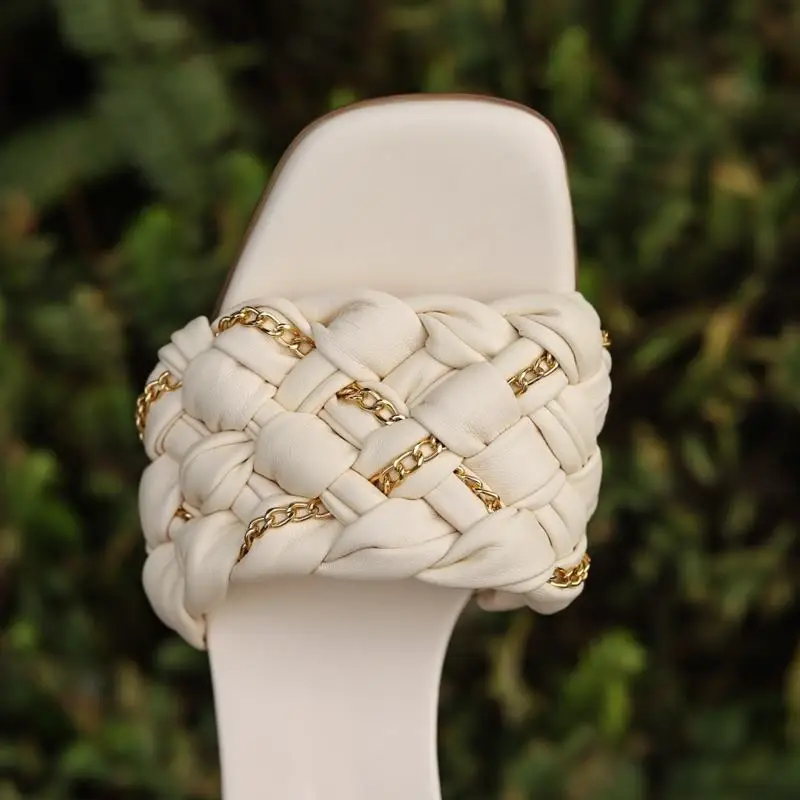 

ALLBITEFO size 33-41 Weave Chain Design Genuine Leather Sheepskin Insode Women Sandals Shoes Summer Beach Slippers Flip Flops