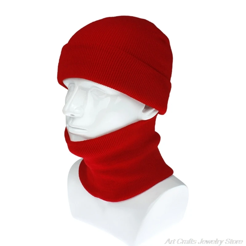 

Unisex Winter Ribbed Knit 2 Pcs Beanie Hat Circle Scarf Set Fluorescent Neon Solid Color Cuffed Skull Cap Neck Warmer M24 21