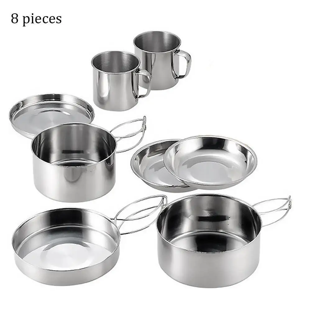 

Outdoor Camping Steel Pot Set, 8 Eight-piece Pot Foldable Tableware Plate Bowl, Set and Cup Set, Picnic W8Z2