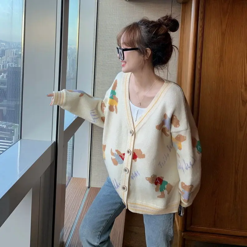 

Women Cartoon Print Knitted Women Sweater Cardigan 2020 New Casual Cute V-neck Single Breasted Female Cardigan Sweater Tops