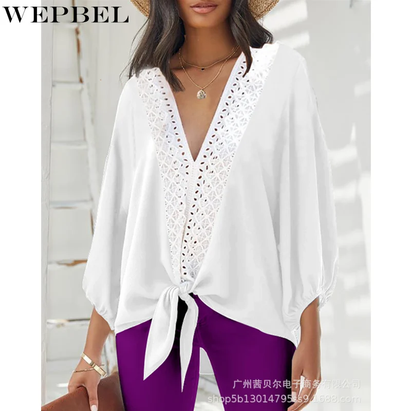 

Mandylandy Women's Sexy Lace Hollow Out Shirt Top Lady Elegant Fashion Long Lantern Sleeve V Neck Bow Tie Loose T-shirt