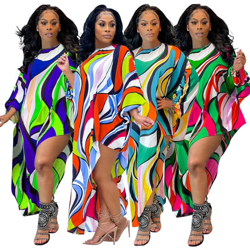 

2021 Summer New Hot Sale Loose Waist Stripe Printed Irregular Dress For Women