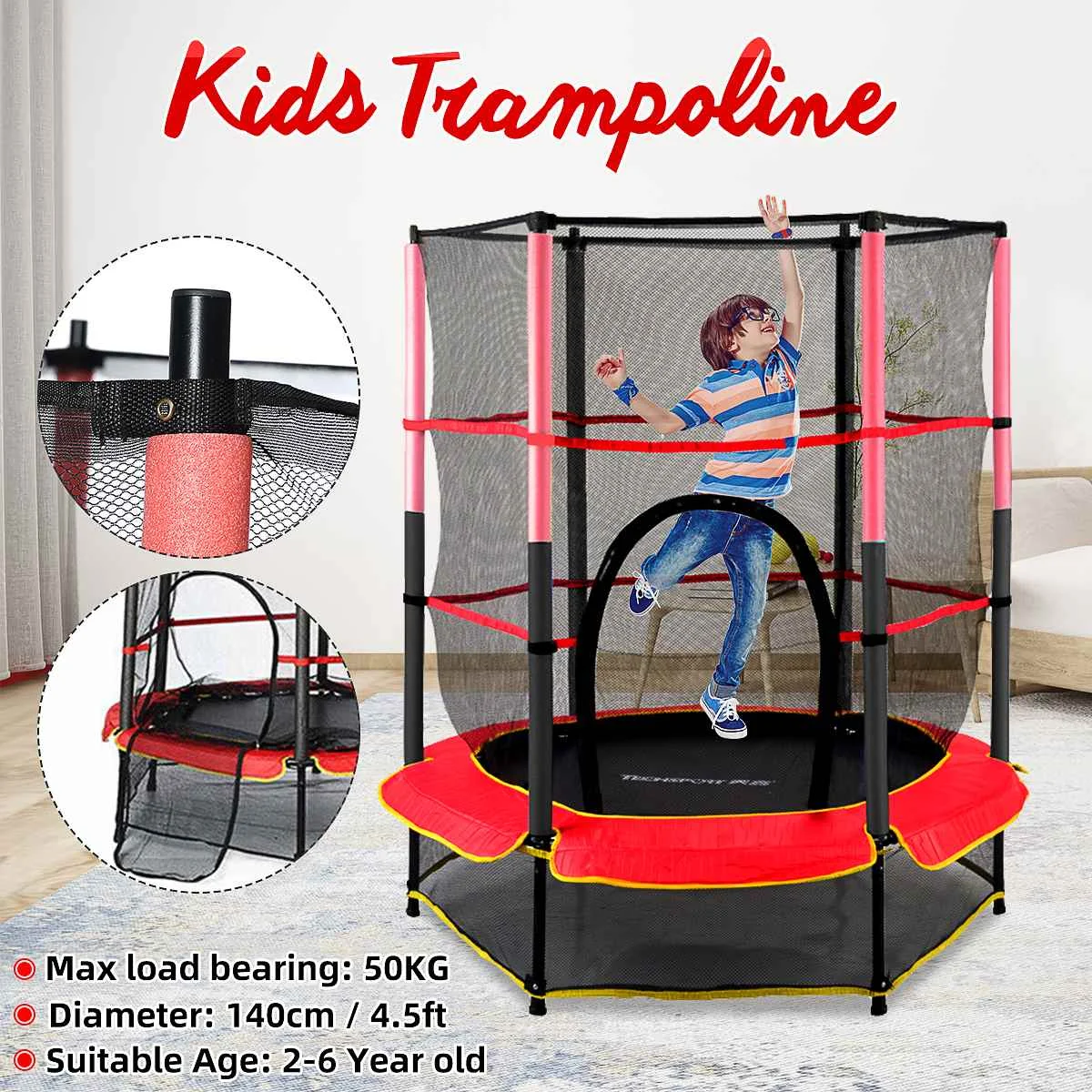 

Children's Trampoline with Enclosure Kids Jumping Bed Net Pad Indoor Outdoor Exercise Home Toys Hop Couch Support 140 KG