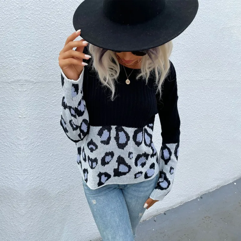 

Autumn Style Sweater Women Knitted Leopard Sweaters Fashion Ladies Clothes Stitching Long Sleeve Sweater Dropshipping Women XL