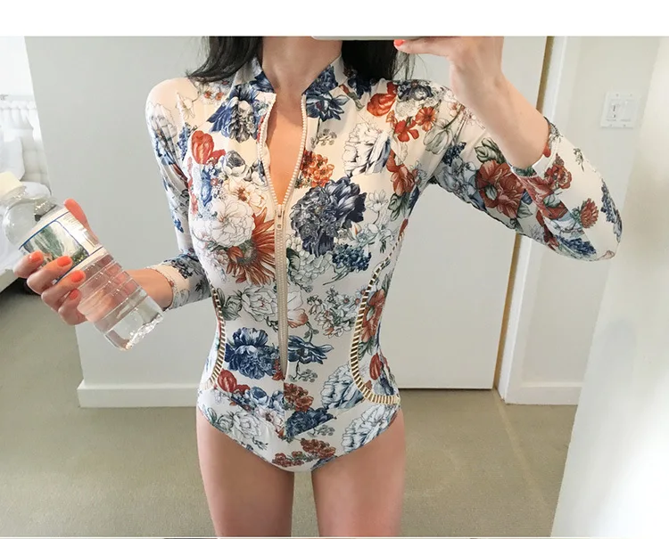

Vintage Jumpsuit Conservative Slim Long-sleeve Floating Diving Hot Spring Seaside Swimwear Women Beach Vacation