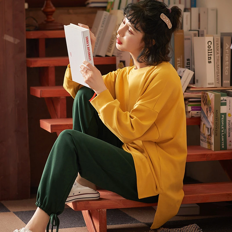 

Женский удобный и свободный пижамный комплект, хлопковый костюм из двух предметов с принтом love и длинными рукавами, милая и милая Домашняя о...