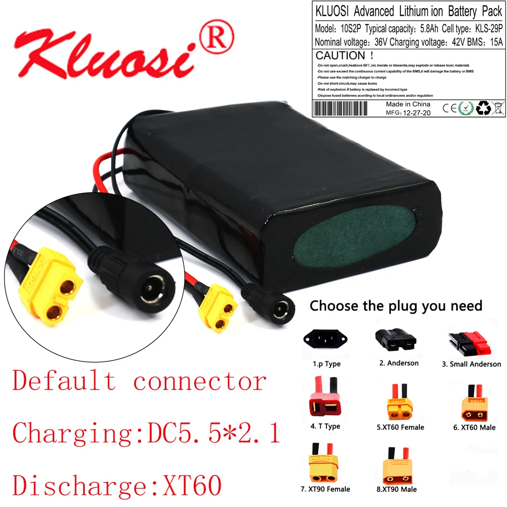 

KLUOSI 10S2P 36V 5.8Ah 6Ah 450W 42V Lithium Battery Pack with 15A BMS for Scooter Skateboard Electric Bicycle Electric Scooter