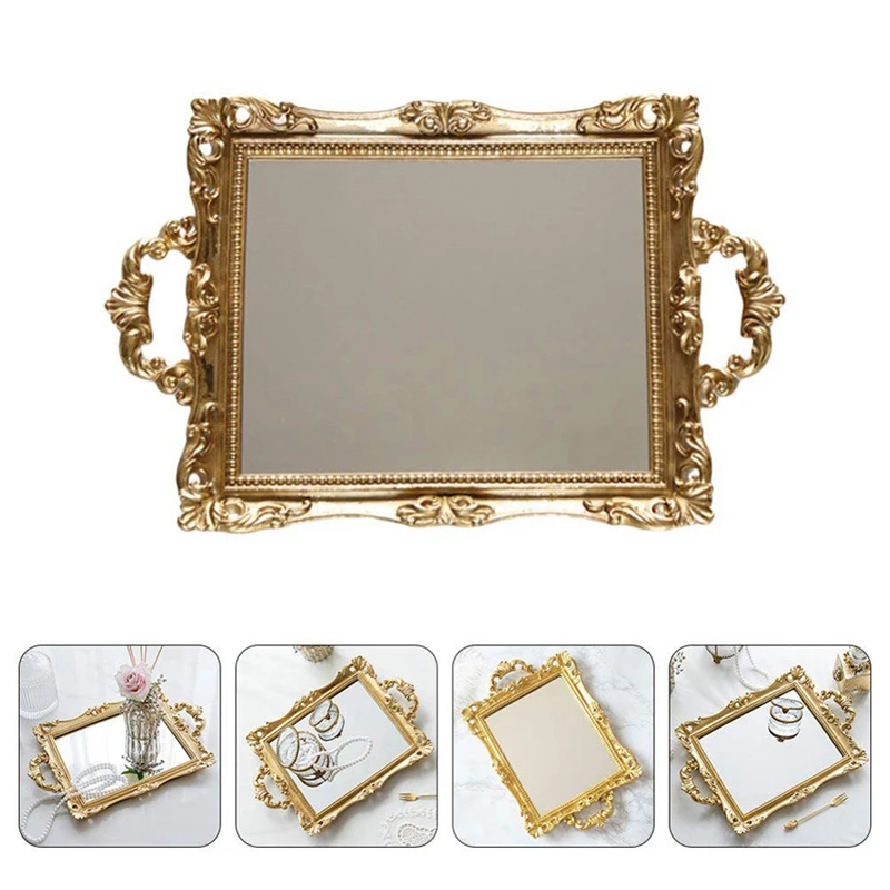 

Vanity Mirror Tray Decorative Mirror for Perfume Organizer Serving Tray with Handle Jewelry Dresser Makeup Dish Plate