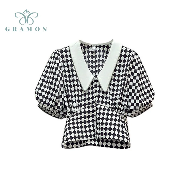 

Plus Size Turn Down Collar Blouse Women Chic Puff Sleeve Plaid Print Top 2021 Summer Korean High Waist Design Shirts Female