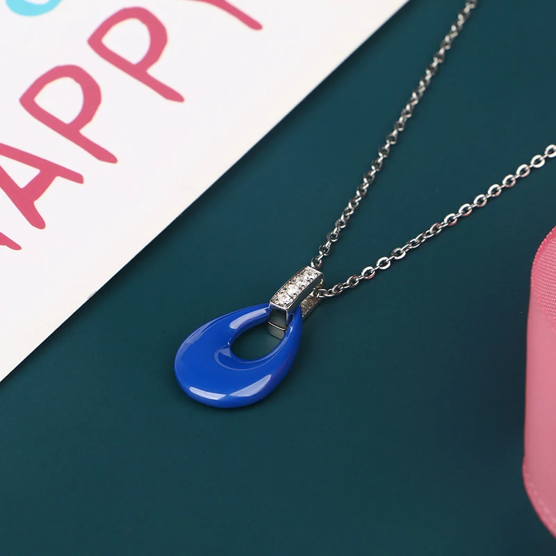 Ожерелье с подвеской в форме капли воды розового и синего цвета стальная цепочка