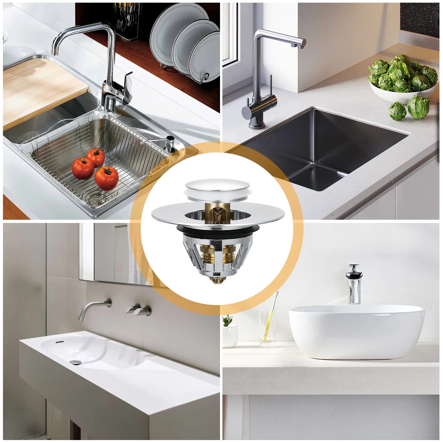 

Stainless Steel Pop-Up Drain Filter Universal Push-Type Bounce Core Stopper Sink Drain Plug with Anti-Clogging Strainer Basket