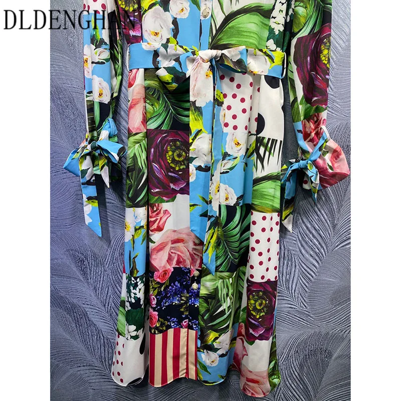

DLDENGHAN Fashion Floral Print Midi Dress Women's Lace Up Long Sleeve Crystal Button Dresses 2021 Designer Spring New