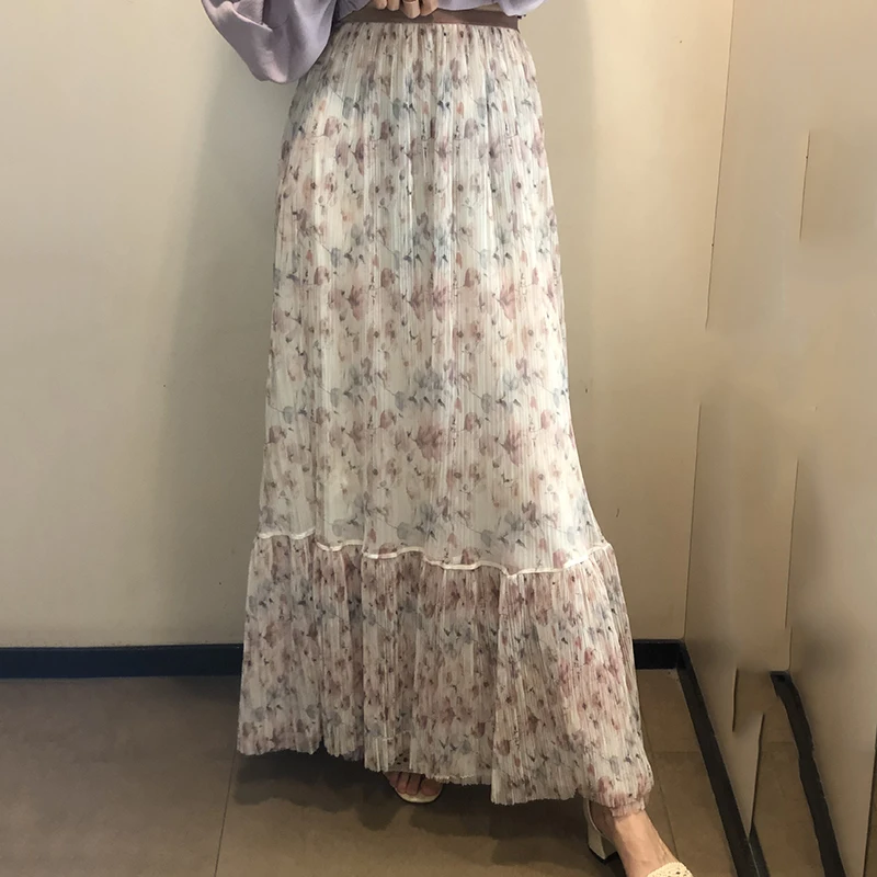 Женская плиссированная юбка ZA длинная с цветочным принтом и высокой талией