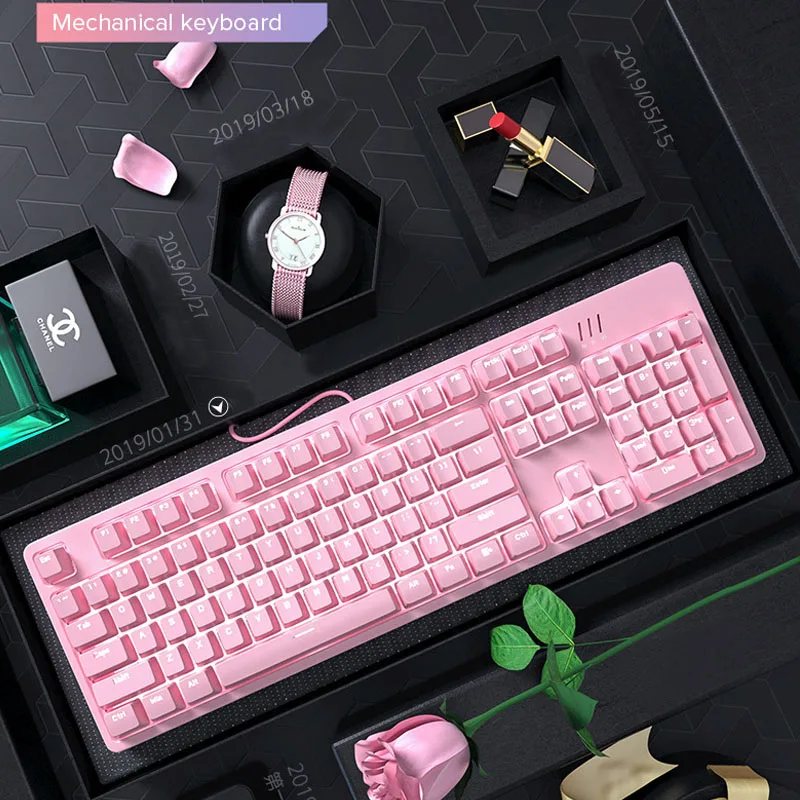 

Pink Gaming Keyboard Wired Blue Axis Mechanical USB Interface White Backlight Cute Girl Keyboard and Mouse Set