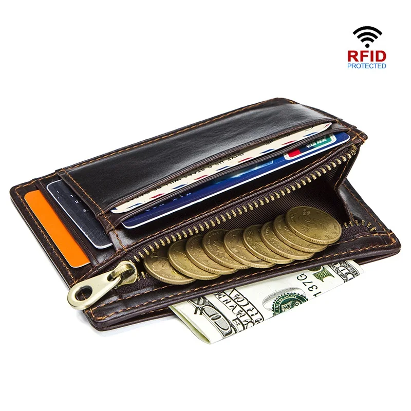 

Мужской кошелек из натуральной кожи Crazy Horse, повседневный тонкий мини-кошелек для кредитных карт с RFID-защитой и карманом для монет, 100%