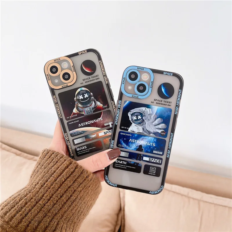 

Transparent Cool Astronaut Phone Case for iPhone 11 12 13 Pro max XR X XS XSMax 8 7 Plus Soft Frosted Shockproof Back Cover