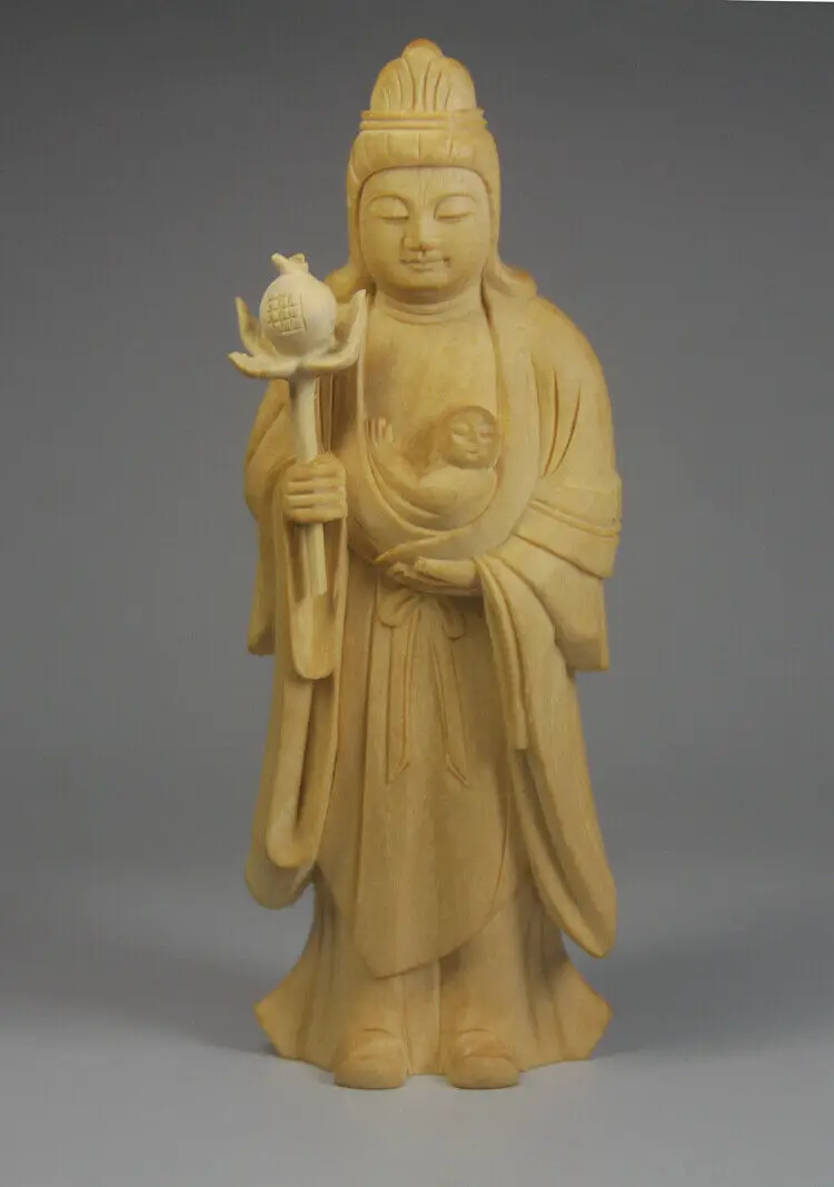 QH071 --12.5X4X6 CM Long Hand Carved Cypress Wood Figurine Carving : Hariti