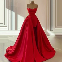 sexy satin a line strapless evening dress red 2022 lace prom gowns women elegant high low length sleeveless vestidos de noche