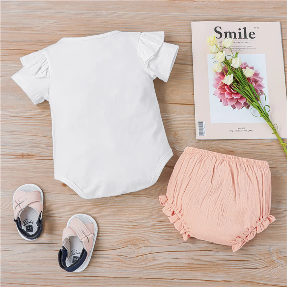 

Pudcoco 2021 Summer 0-24M Baby Girl 2Pcs Set I LOVE DAD Colorful Letter Print Short Sleeve Bodysuit+Pink Ruffled Shorts Clothes