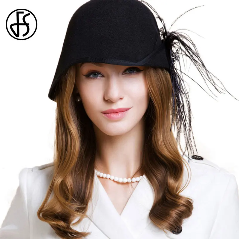 Женская винтажная фетровая шляпа FS черная с широкими полями украшенная стразами