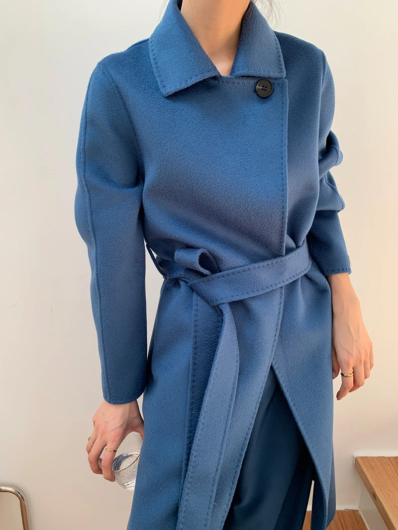 

New Limited popular blue with double coat lapels commuter long authentic cashmere products by hand can customized big size
