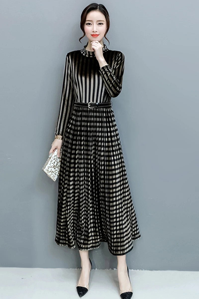 

Women Long Section of Elegant Gold Velvet Pleated Dress Spring and Autumn and Winter New Large Size Slim Waist A-line Dress