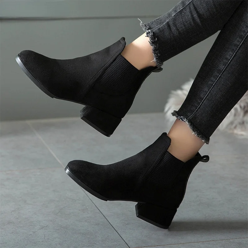 

Women's Shoes Autumn Women Ankle Boots Suede Black Boots Slip on Ladies Casual Thick Heel Shoes Fashion Comfort Female