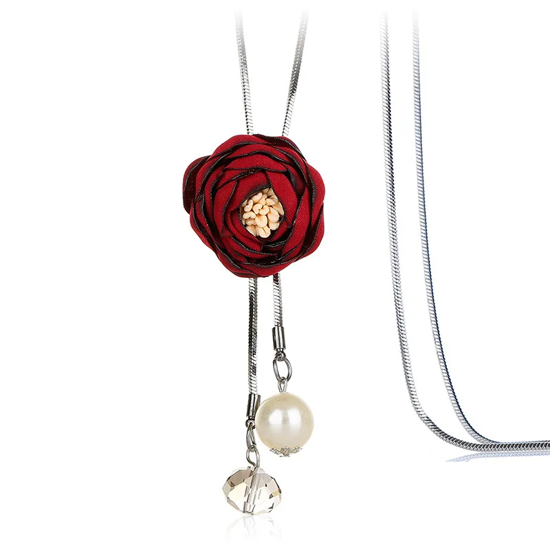 

NN08 Creative Rose Flower Pendant Necklace For women Long Sweater Chain Dress Accessories Simulated Pearl