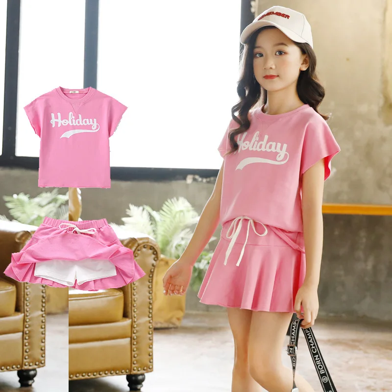 

New Cotton Spring Summer Girls Clothing Suits Skirt Pullover Kids Teenager Outwear Two Piece High Quality