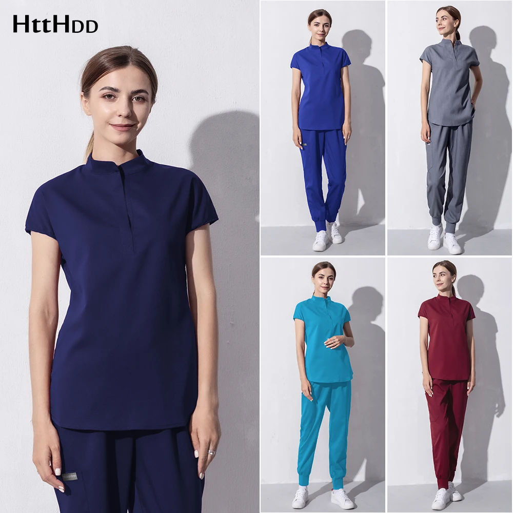 

Pure Color Wholesale Spa Laboratory Dentist Tooth Check Overalls Women Suit Tops Pants Nursing Scrub Medical Uniform Elastic 2pc
