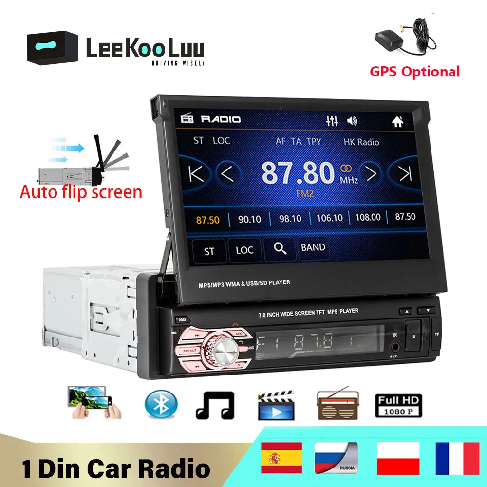 

LeeKooLuu Car Radio 1 Din Autoradio USB AUX FM Video Multimedia Player 7" HD Retractable Touch Screen Auto Radio 1Din Car Stereo