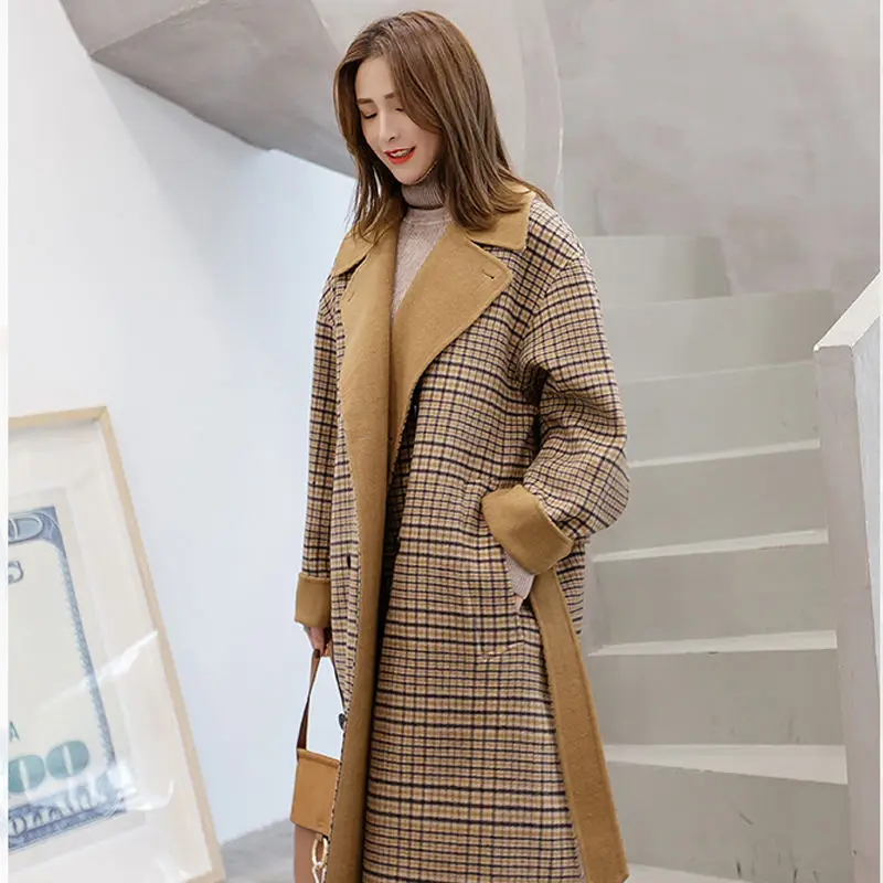 

Длинное женское пальто в клетку, зимнее двубортное Удлиненное пальто до колена, свободное Женское шерстяное пальто выше колена
