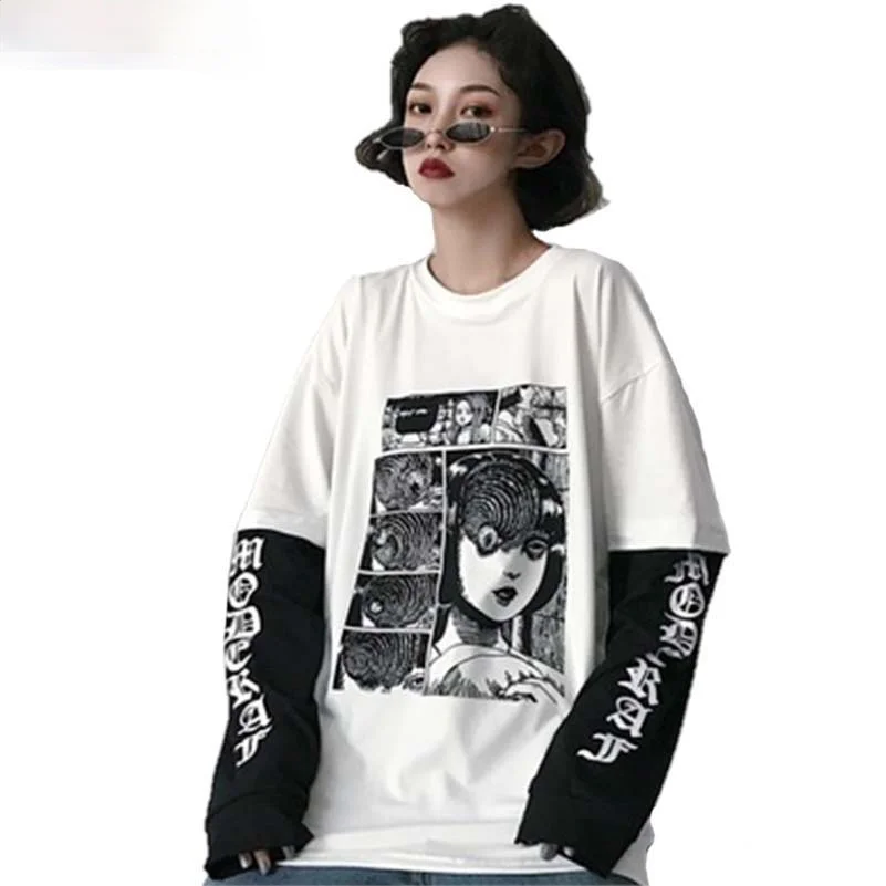 

Harajuku T-shirt Women Fake 2 Pieces Print Japanese Fujiang Horror Comics Long Sleeve Shirt Women Vetement Femme 2020