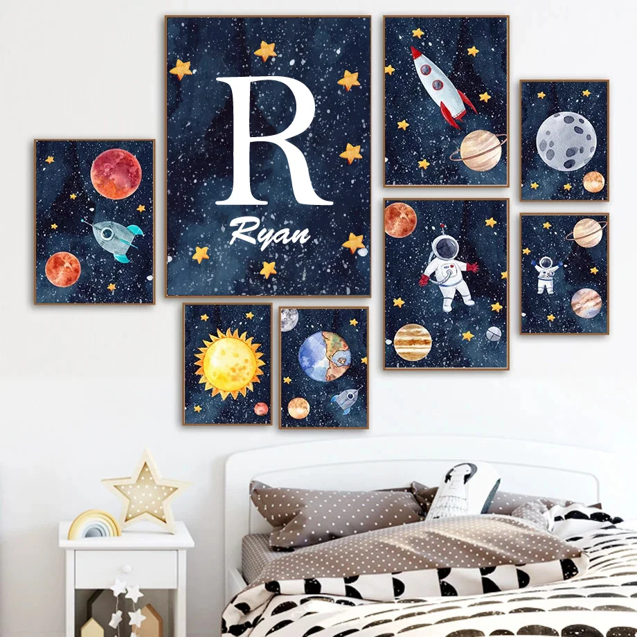 

Baby Personalized Name Poster Nursery Wall Art Planet Rocket Canvas Painting For Nordic Wall Decoration Pictures Kids Room Decor
