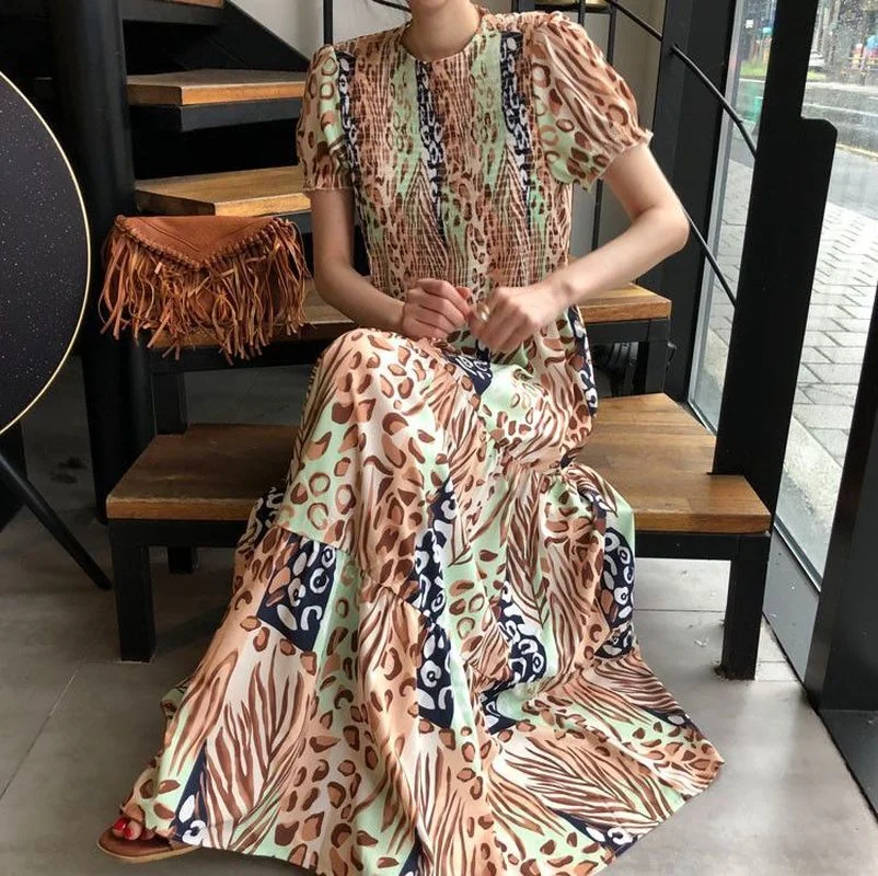 

Summer Beach Style Women Dress Chiffon Floral O-Neck Short Sleeve Dress for Women Casual Elegant Loose Long Dress Vestido 14005